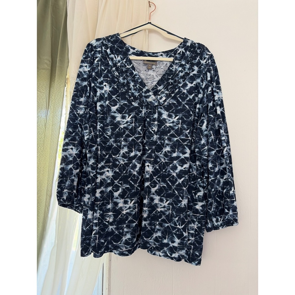 Style & Co. Tie Dye Top Womens 3X Blue 3/4 Sleeve V-Neck Pleated Blouse
